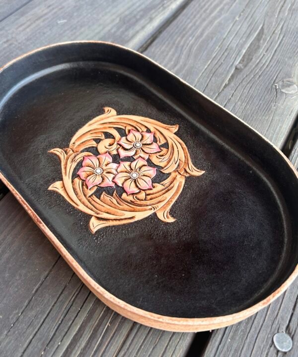 Black Leather Tray with Round Western Floral