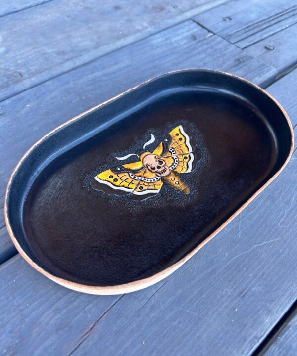 Black Leather Tray with Death Head Moth