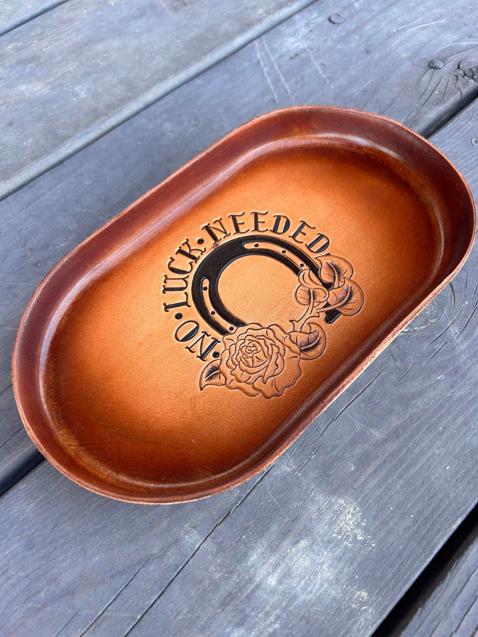 Embossed Brown Leather Tray, No Luck Needed