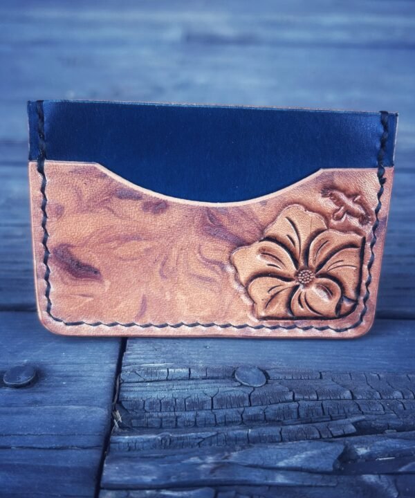 Granite Wallet with marbled dye work and carved art, blue with a flower