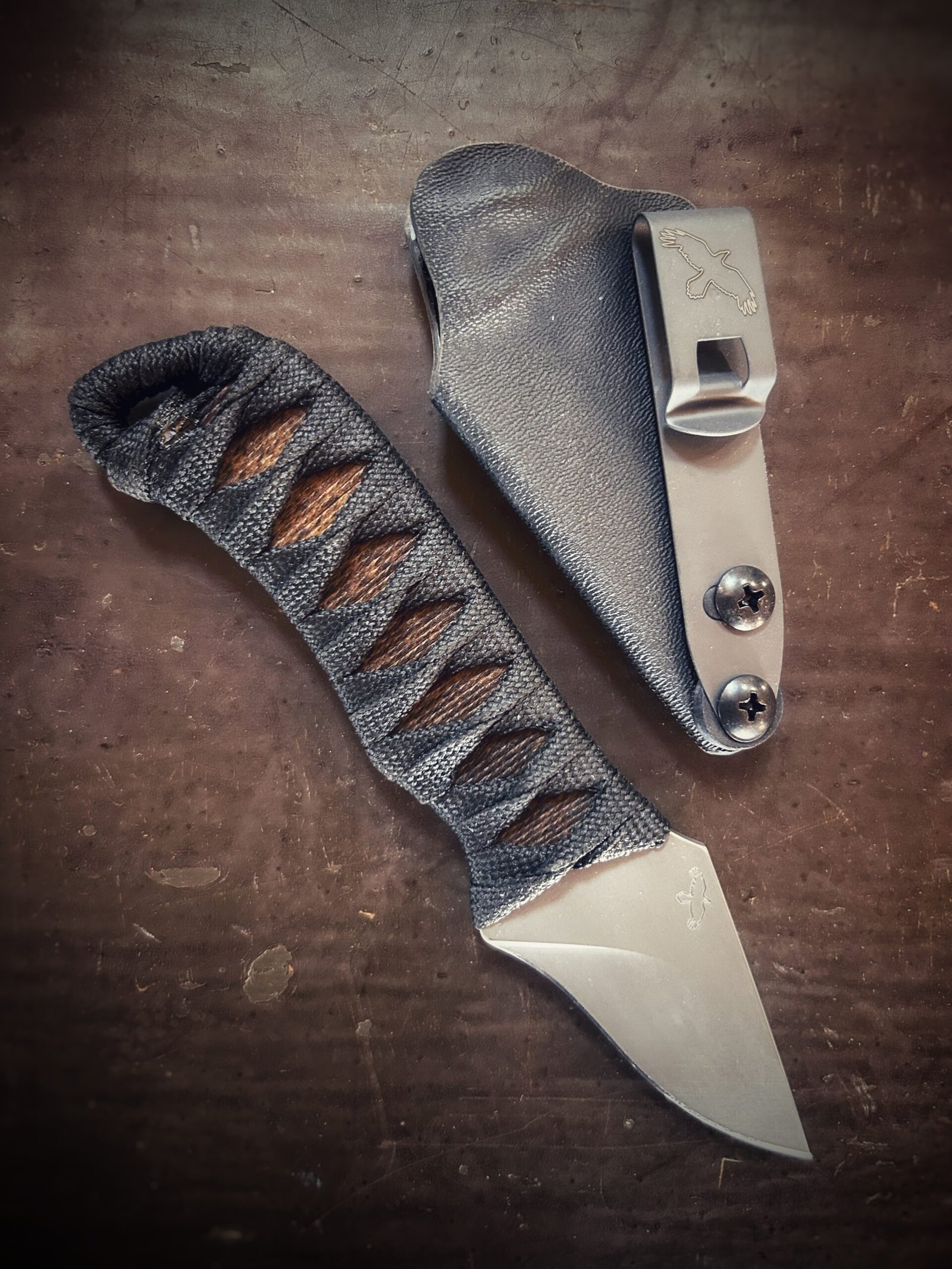 Little Feather with burnt jute and black wrap