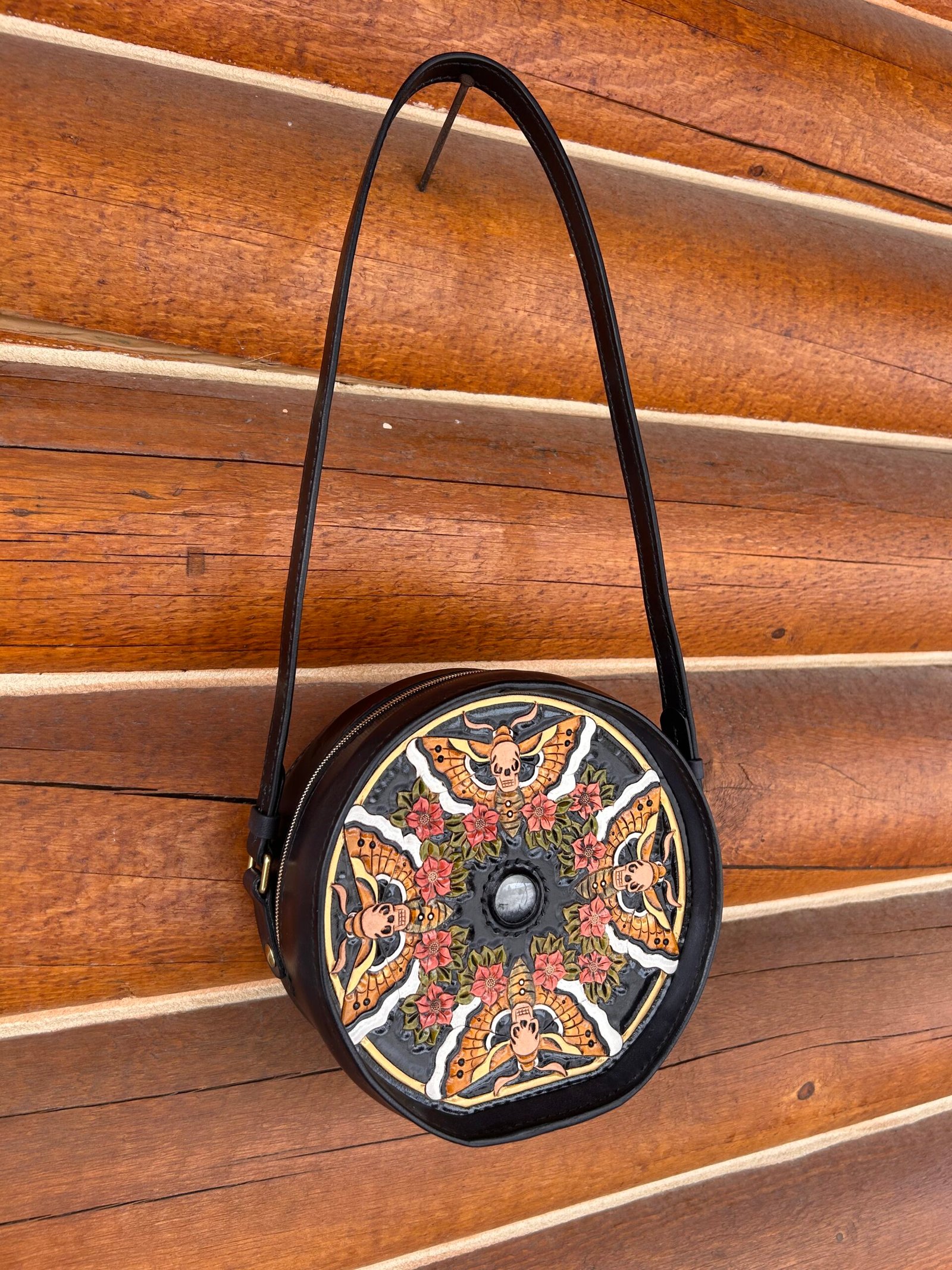 Yellowstone Purse with carved art, back with 4 moths and small red flowers