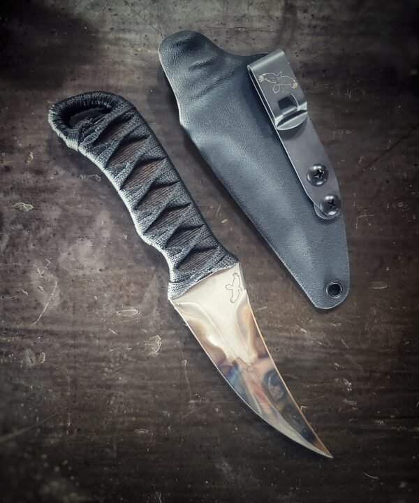 DE Erinyes with colorful natural heat treat, burnt jute and black wrap with sheath