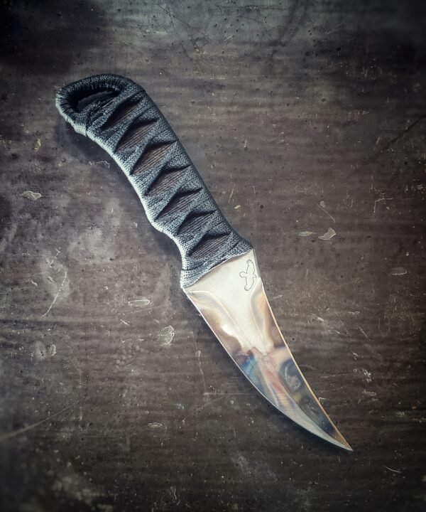 DE Erinyes with colorful natural heat treat, burnt jute and black wrap