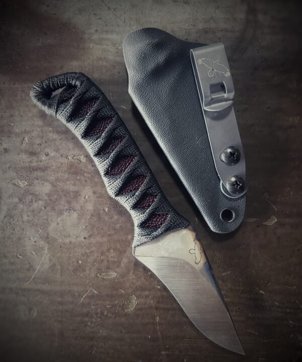Wizard Finger with satin grind and oxblood stingray and black wrap with sheath
