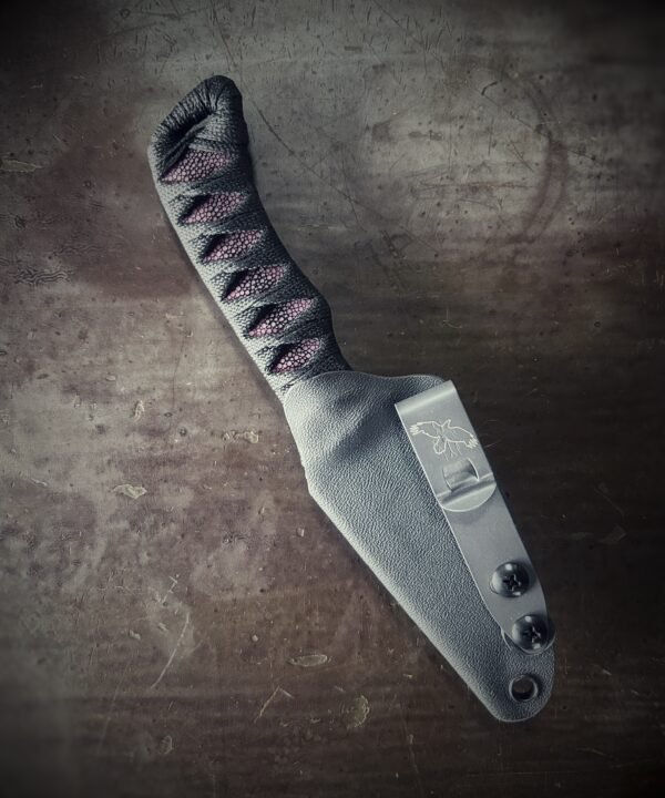 Wizard Finger with hand polished finish and maroon polish stingray and black wrap in sheath