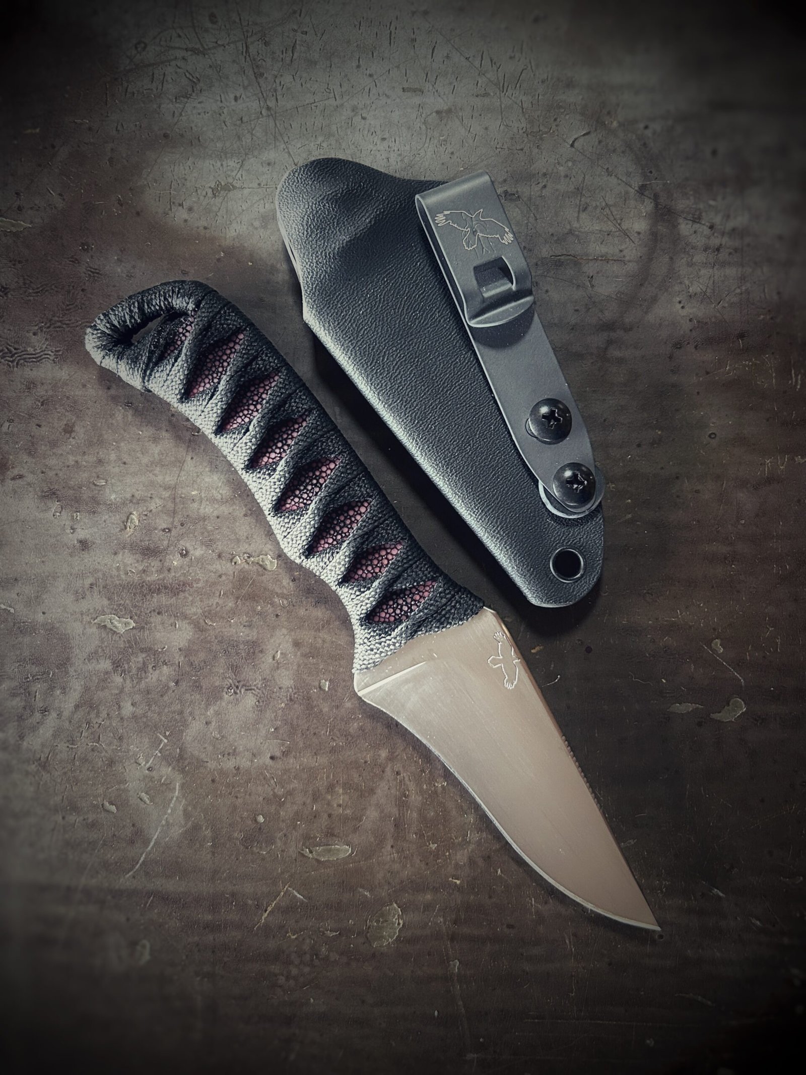 Wizard Finger with hand polished finish and maroon polish stingray and black wrap with sheath