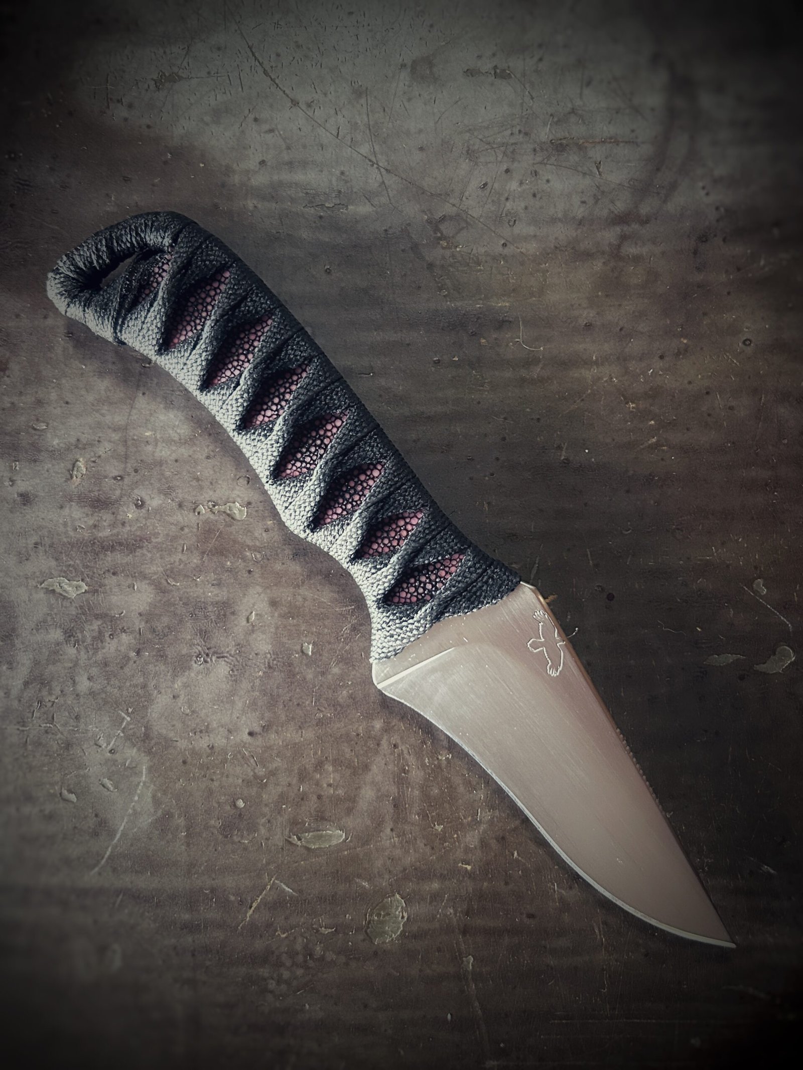 Wizard Finger with hand polished finish and maroon polish stingray and black wrap