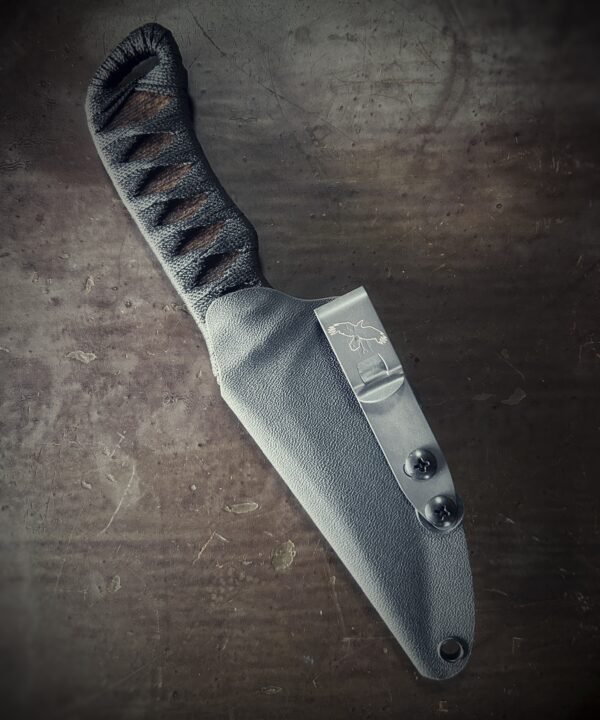 Erinyes with natural heat treat blade and burnt jute and black wrap in sheath