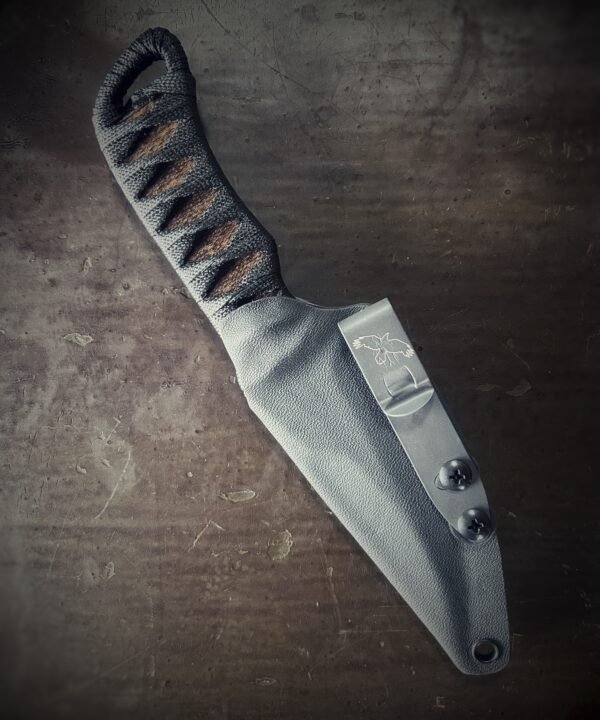 DE Erinyes with natural heat treat blade and burnt jute and black wrap in sheath