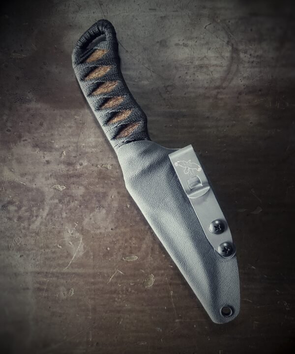 DE Erinyes with matte blade and burnt jute and black wrap in sheath
