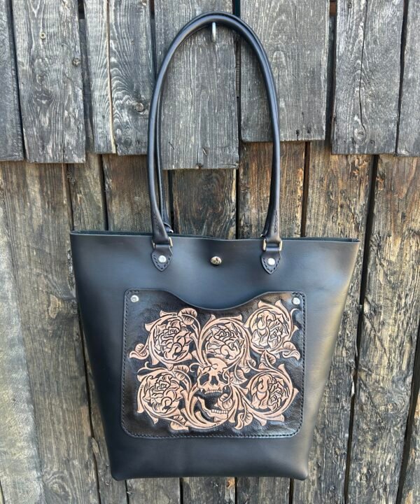 Sweetwater tote, black and tan with a skull and roses western floral design