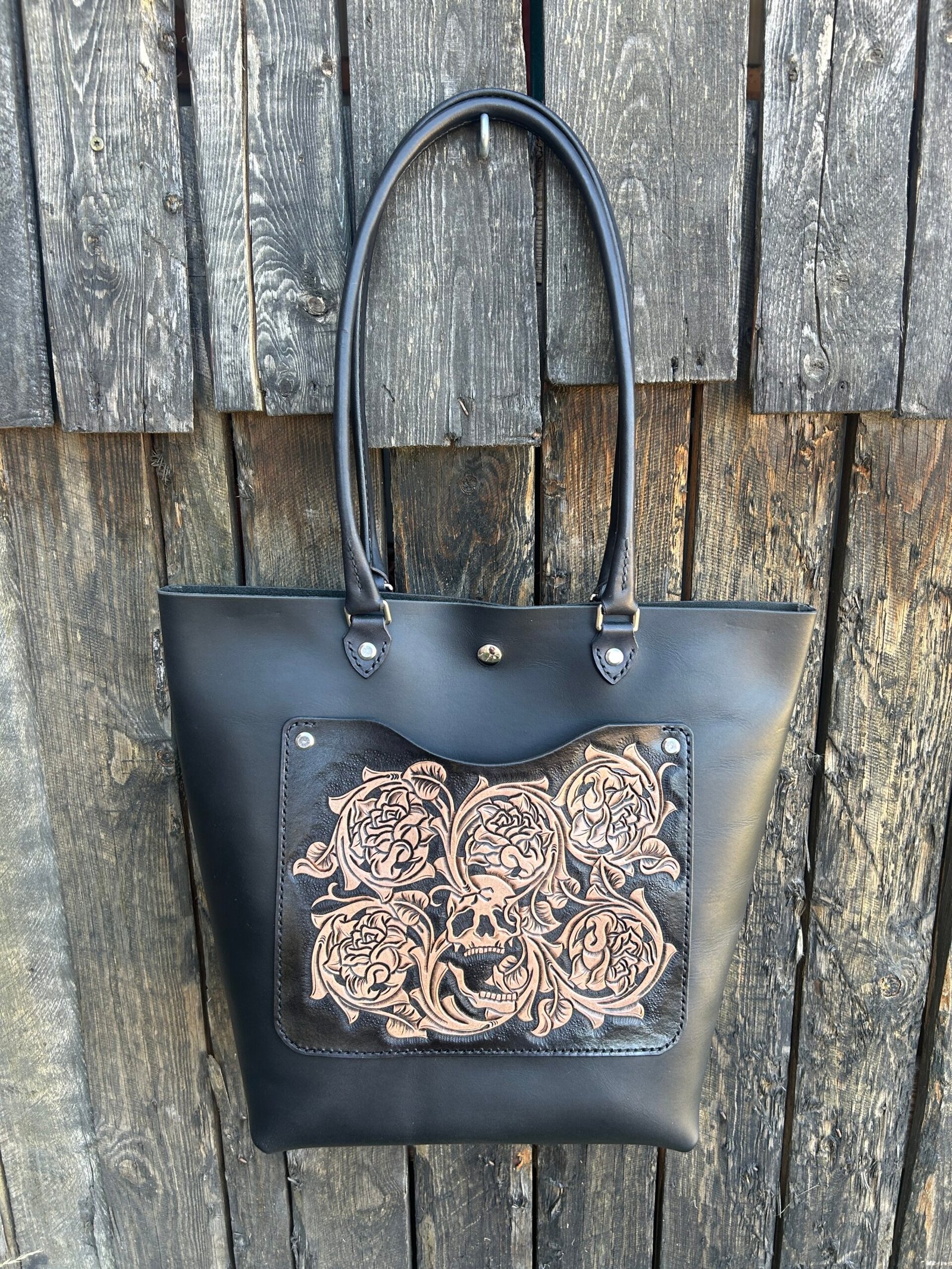 Sweetwater tote, black and tan with a skull and roses western floral design