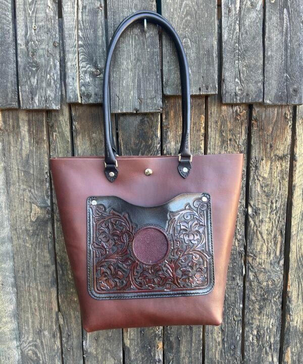 Sweetwater tote, black and oxblood western floral with oxblood stingray inset.