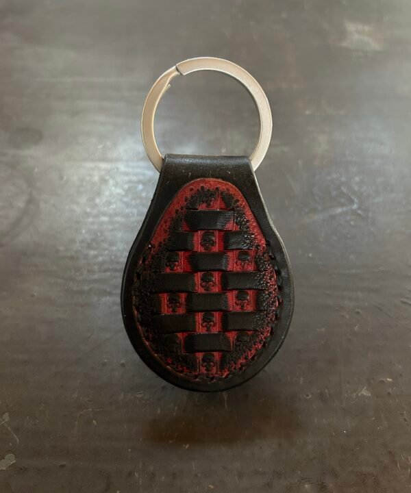 Carved AirTag Fob with black cherry and black basketweave with small skulls