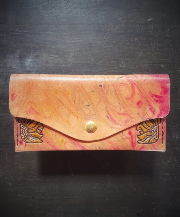Madison wallet exterior, 2 sunflowers with a rainbow marbled background