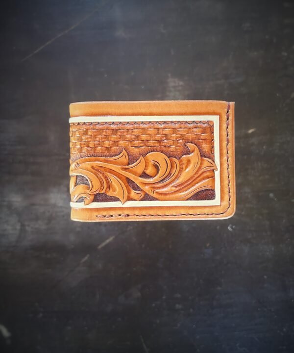 Mission wallet, natural tan and brown basketweave with western scrolls and a white boarder.