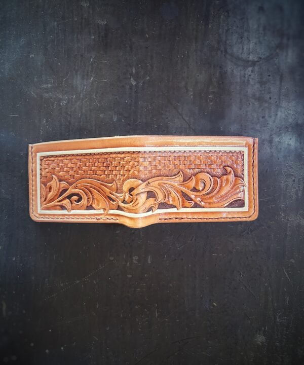 Mission wallet, natural tan and brown basketweave with western scrolls and a white boarder.