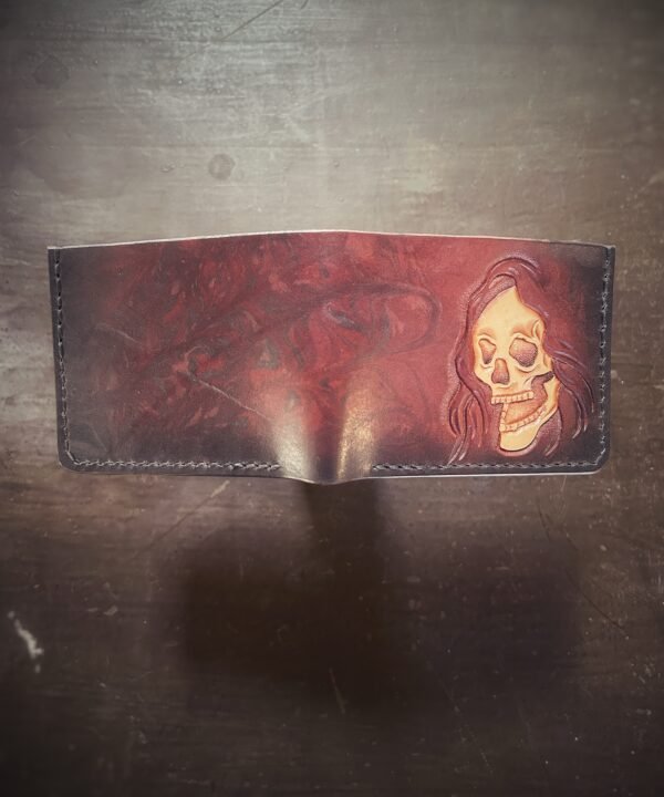 Mission wallet, brown and black marbling and a reaper skull.