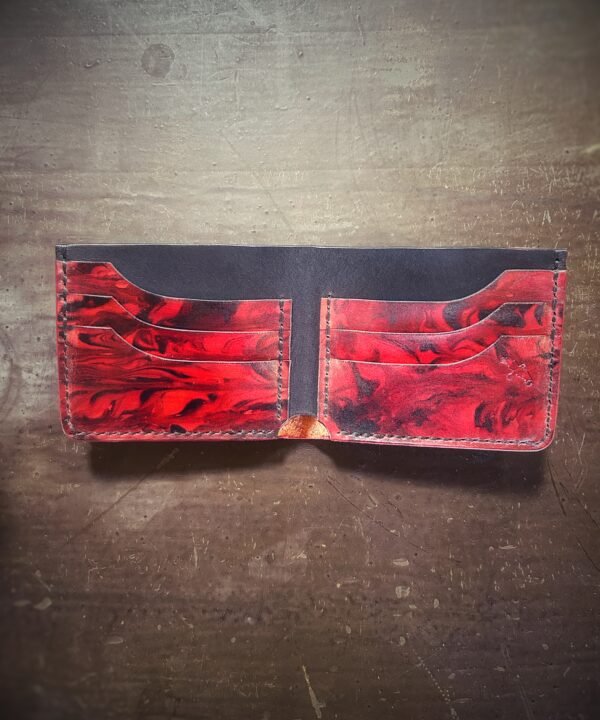 Mission wallet interior, red and black marbling with black thread