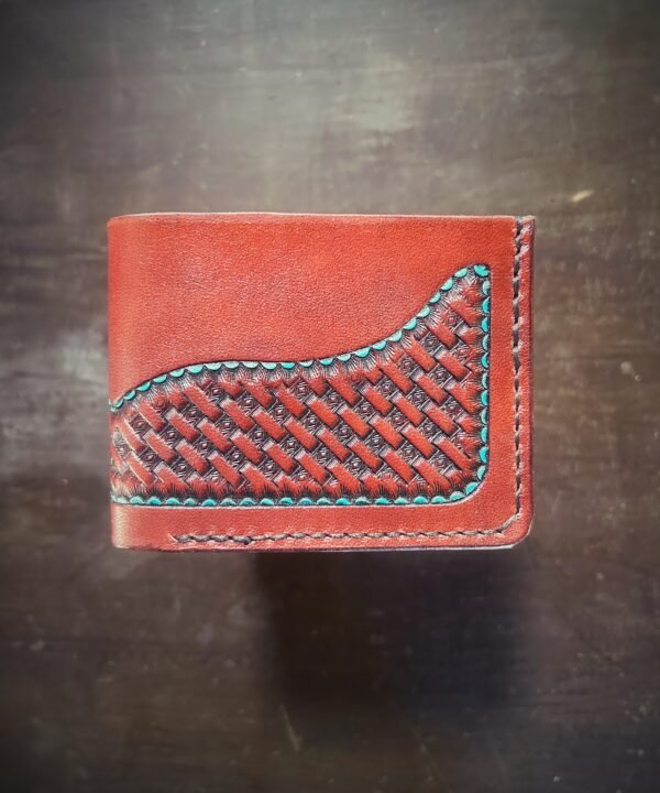 Mission wallet, brown basketweave with turquoise accents.