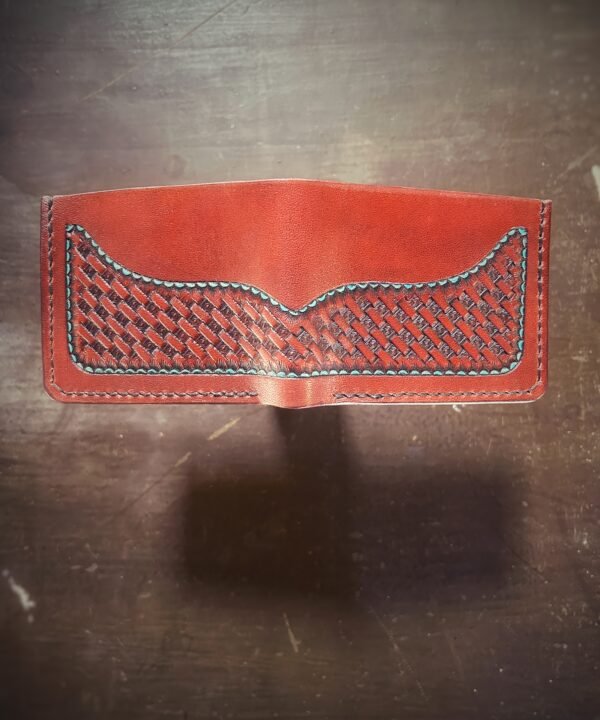 Mission wallet, brown basketweave with turquoise accents.