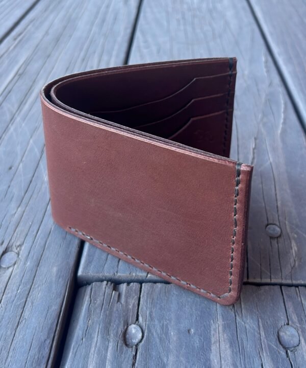 Mission Wallet in oxblood and black thread