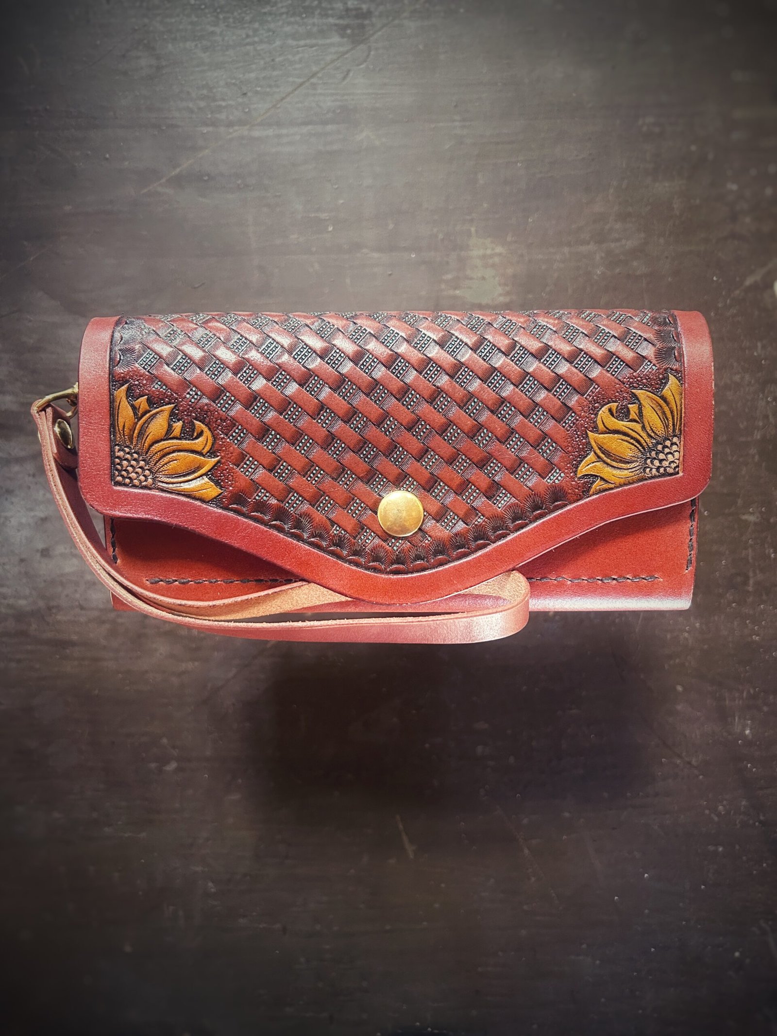 Bitterroot Wallet, basketweave with sunflowers with brown background with turquoise accents