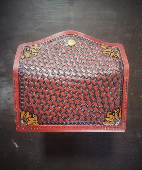 Bitterroot Wallet, basketweave with sunflowers with brown background with turquoise accents