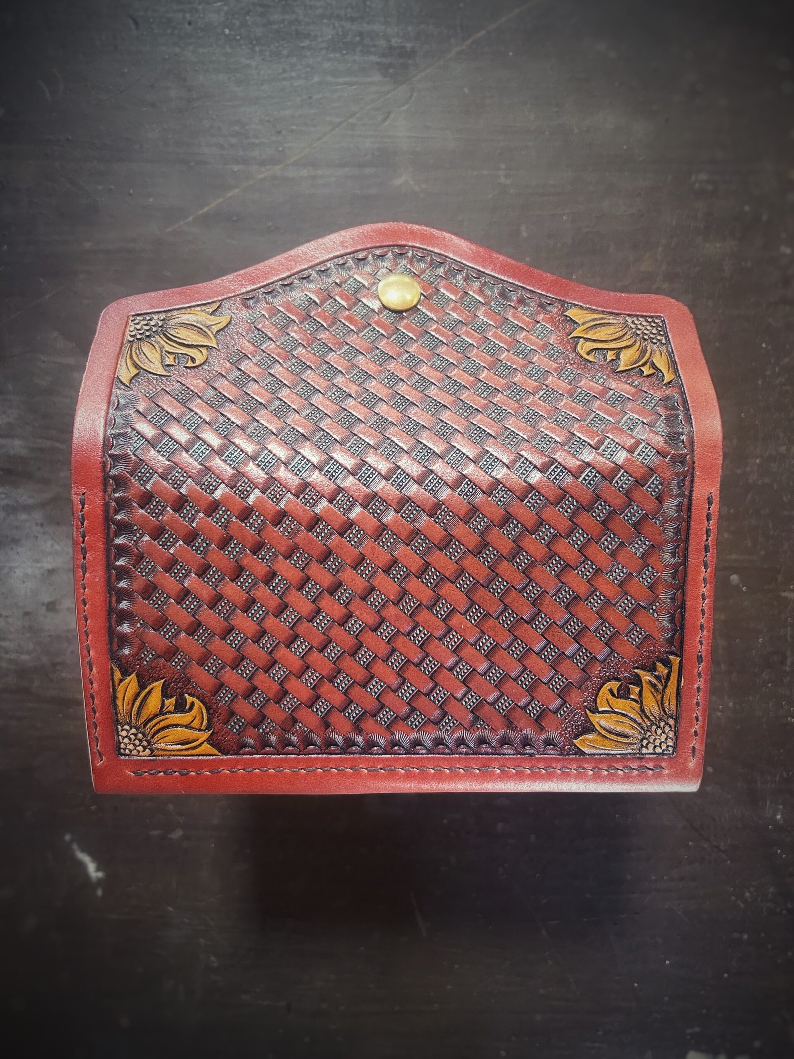 Bitterroot Wallet, basketweave with sunflowers with brown background with turquoise accents