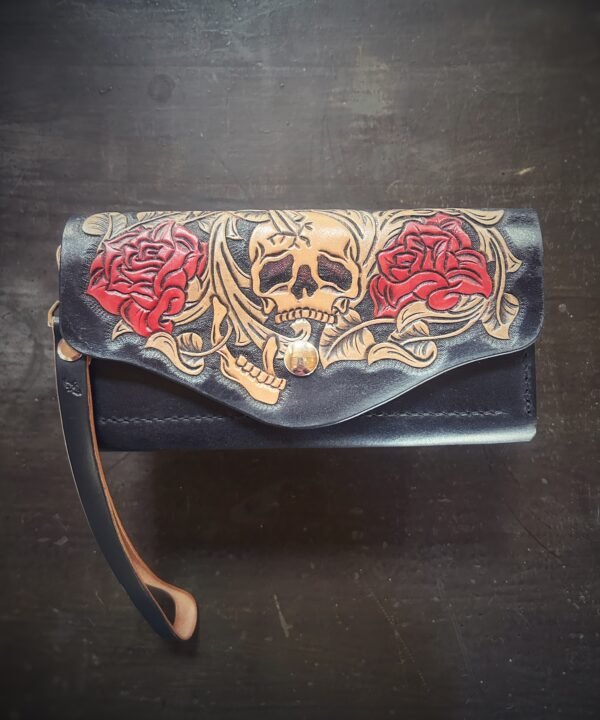 Bitterroot Wallet, Skull and Roses with black background with tan and red accents