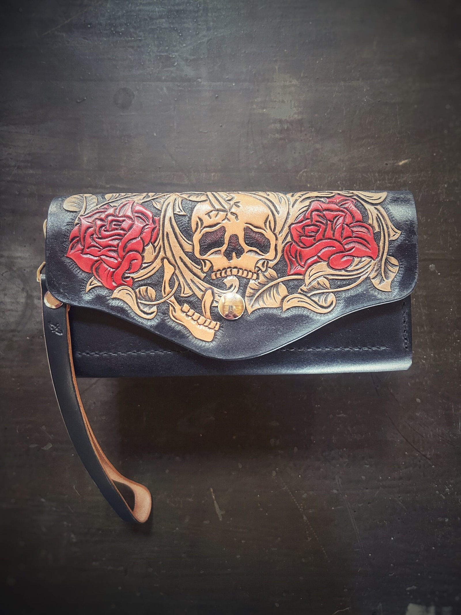 Bitterroot Wallet, Skull and Roses with black background with tan and red accents