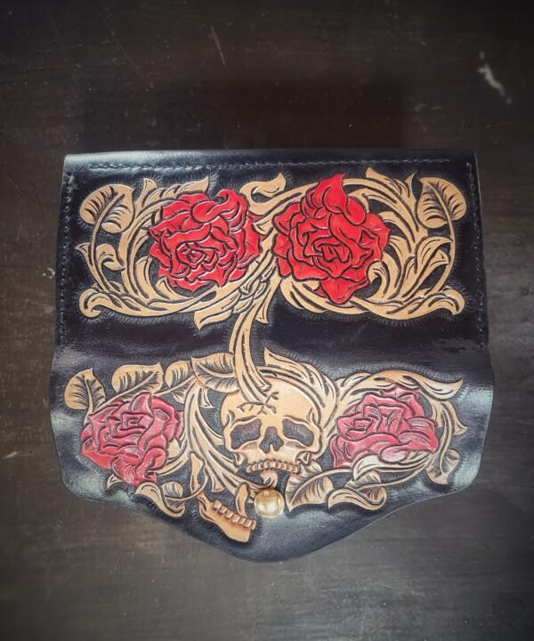 Bitterroot Wallet, Skull and Roses with black background with tan and red accents