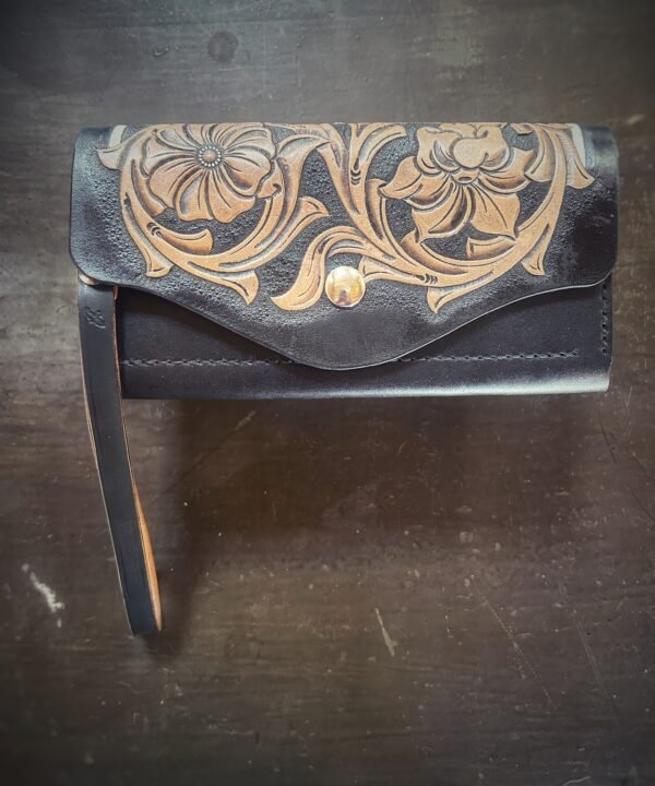 Bitterroot Wallet, western floral with black background with tan and white accents