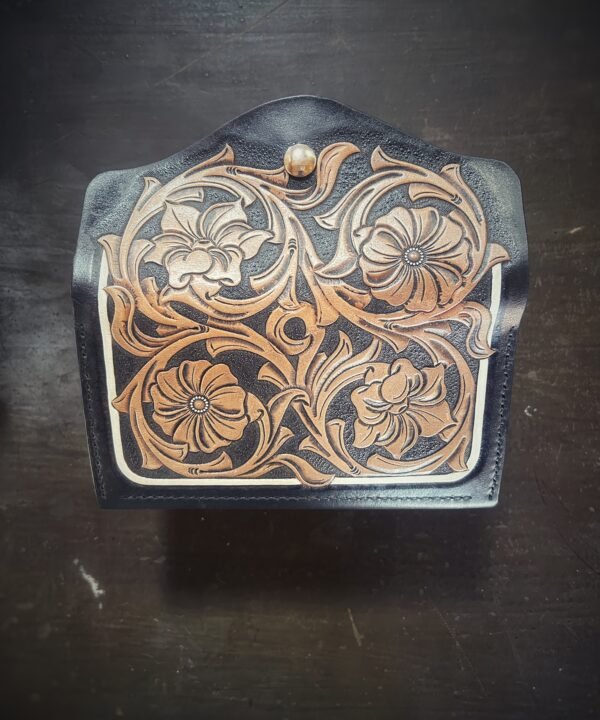 Bitterroot Wallet, western floral with black background with tan and white accents