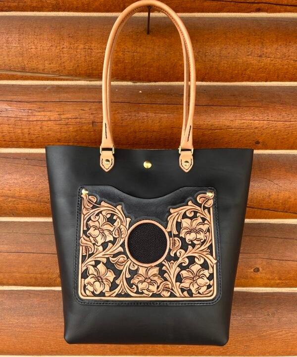 Sweetwater tote, black and natural tan western floral with black stingray